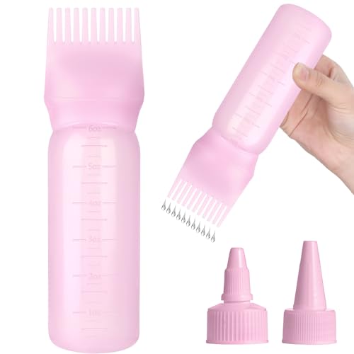FXSPLCZ Root Comb Applicator Bottle Oil Applicator for Hair Dye Hair Oiling Bottle with 2 Type Caps and Graduated Scale 6 Ounce (Pink)