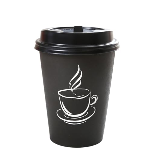 【Woxiro】 紙コップ コーヒー ドリンク お茶 ペーパーカップ 厚紙 三重断熱 50 個入セット 蓋付き 撹拌可能ストロー付き 耐熱 使い捨て 業務用 テイクアウト カフェ ホットドリンク 多用途 日常使用(400ML,ブラック)