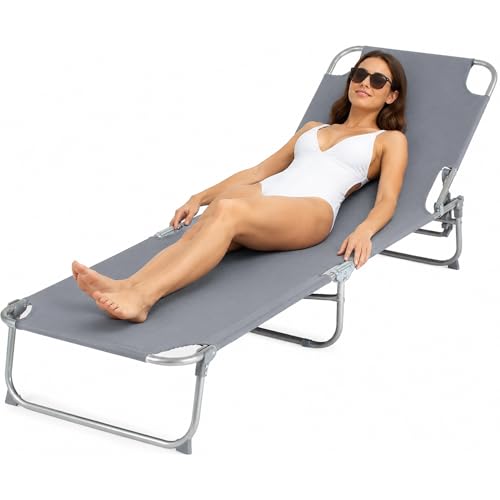 LIVIVO Folding Sun Loungers for Garden - Lightweight Foldable Sun Lounger with Adjustable Back and Leg Rests & UV Resistant Sun Beds Garden Sunlounger Reclining Sunbed Sunbathing Chair - Grey