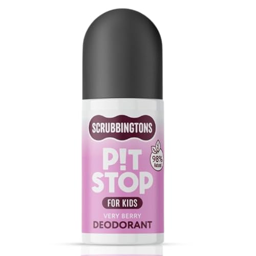 Scrubbingtons Pit Stop Kids Deodorant Natural Roll On For Children Teens. Made in UK 98% Natural Ingredients For Sensitive Skin. Paediatrician approved Aluminium & Alcohol Free Very Berry 75ml
