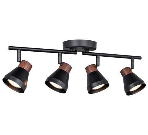 CRAFTRONOS 4 Light Modern Track Lighting Kit Black and Faux Wood Finish, Flexibly Adjustable Arm with Multi-Directional Ceiling Spotlight for Kitchen, Bedroom, Living Room,Ding Room Gu10 Not Included