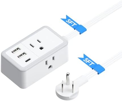 NTONPOWER Flat Extension Cord 5 Feet, Small Flat Plug Power Strip with 3 USB(1 USB-C), 3 Outlets Small Extension Cord, Portable Extension Cord, Compact for Home Office Dorm Room Essentials,White