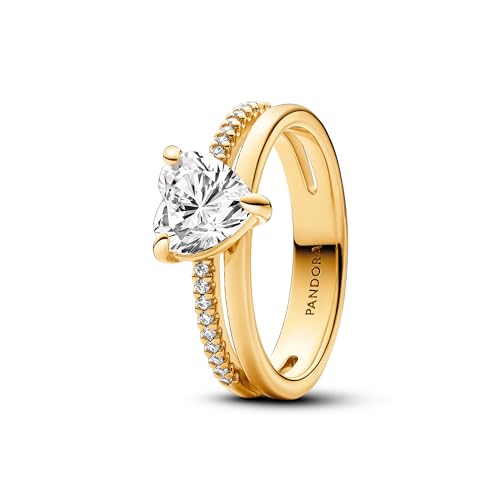 Pandora Timeless Anillo con diseño de corazón chapado en oro de 14 quilates con circonitas cúbicas transparentes, talla 54