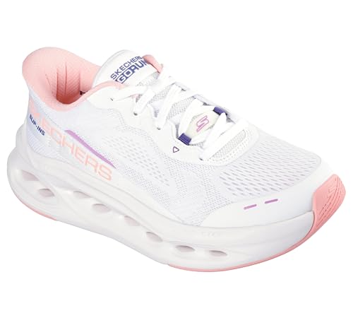 Skechers Women's Max Cushioning Glide Step Caledonia Hands Free Slip-ins Sneaker, White/Pink, 9.5