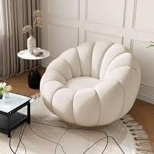 Image of CRAFTCITY Pumpkin Style Wooden Sofa, Contemporary Modern & Cozy Accent Chair for Living Room (Beige, 1 Seater Chair with Ottoman)