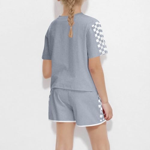 Girls Cute Heart Print Loose Crewneck Short Sleeve Tshirt + Shorts 2 Pieces Summer Plaid Comfy Sweatsuit Outfits4