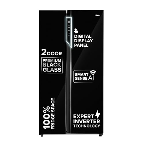Haier 602L 3Star 2 Door Premium Glass Side by Side Frost Free Refrigerator|100% Convertible|Wi-Fi|Expert Inverter Technology|Digital Display Panel|Triple Twist Ice Maker (HRS-682KGU1, Black Glass)