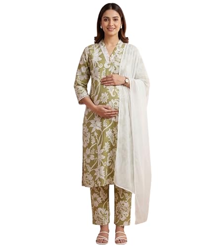 Image of DUMMY SHAPE Maternity Dresses for Women Cotton | Floral Kurta Pant Dupatta Set with Nursing Zippers, Side Pocket | Pre & Post Pregnancy | Feeding Kurti Suit | Baby Shower | Gifts for Pregnant Woman
