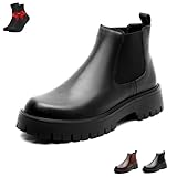 EDAT Bottines Chelsea à plateforme épaisse en cuir for hommes, bottines à bout rond et semelle crantée à enfiler(Black Plush,41 EU)