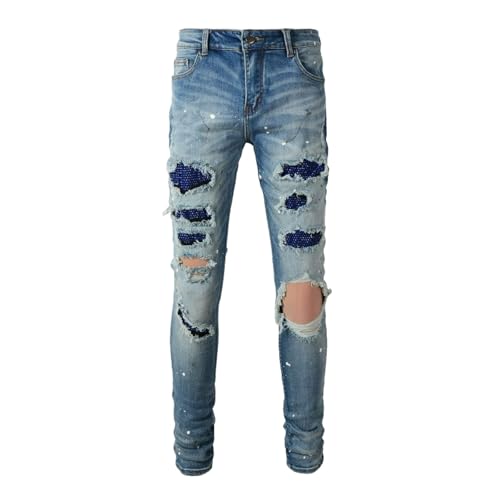 Jeans Pants Trousers Denim Trendy Street Ripped Distressed Hole Personalized Stretch Slim Fit Light Blue Zircon Shining Small Straight Leg for Men(Light Blue,33)