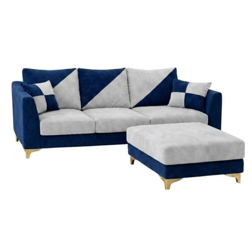 Image of Juliet Rich 4 Seater L Shape Sofa Set with Movable Ottomans | Flexible Layout | Velvet Suede Fabric | Golden Aesthetic Legs | Dual Tone Modern Sofa for Living Room (Dark Blue-Light Grey)