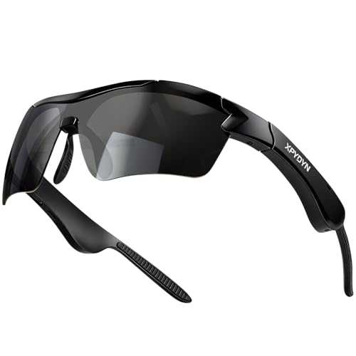 XPYDYN Bluetooth Audio Smart Glasses for Cycling Running Driving, Polarized Sports Sunglasses with Open-Ear Speakers, Hands-Free Calls, UV Protection, IPX4 Waterproof for Hiking Fishing (Black)