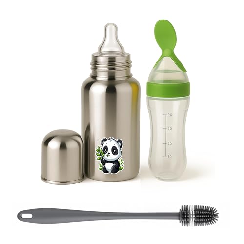 Image of Shark Doo Doo Stainless Steel Bottle for Babies (0-12 Months) - 250ml with Silicone Cleaning Brush (Combo Pack) | BPA Free (SS 3in1 Combo Green)