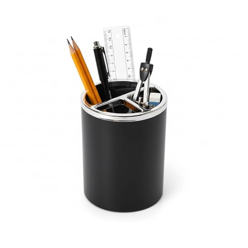 Image of Black Pencil Holder for Desk | 3 Compartments Pencil Cups for Classroom, Home, Office Desks, Meeting Room | Pen Cup Holder for Desks & Decorative Pen Holders for Desk Cute Office Supplies