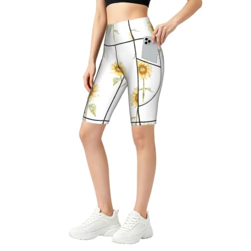 Short de sport taille haute femme avec poches imprimé tournesol pour yoga et fitness