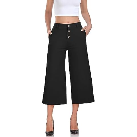 RIMLESS 7 Women's Twill Wide Leg Pants Comfy Business Work Crop Pants Dressy Capris Ankle Slacks P28-Black-L Cover