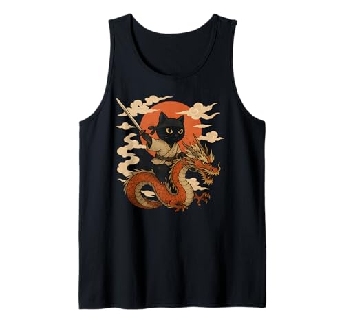 Vintage Japanese Samurai Cat Ninja Dragon Kawaii Anime Lover Tank Top