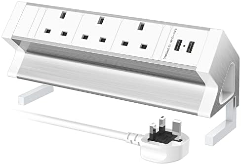 Desk Power Socket with 2 USB Slots, Extension Lead 3 Way Plug and 2 Desk Mount Clamp, Aluminium Desk Clamp Power Strip Desktop Power Outlet for Desk Edge 1.8in, 1.8M Extension Cords, 2500W/13A