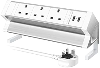 Desk Power Socket with 2 USB Slots, Extension Lead 3 Way Plug and 2 Desk Mount Clamp, Aluminium Desk Clamp Power Strip Desktop Power Outlet for Desk Edge 1.8in, 1.8M Extension Cords, 2500W/13A