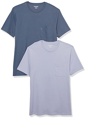 Amazon Essentials Men's T-Shirts, Short-Sleeve Crewneck Pocket, Cotton, 2-Pack, Large, Washed Blue/Lavender