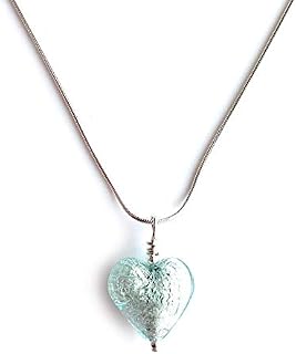 Diana Ingram necklace with aquamarine (blue) Murano glass small heart pendant on Sterling Silver snake chain
