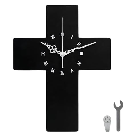 Crucifix Wall Clock, Gothic Cross Wall Clock - Gothic Decor Wall Hanging Clock for Living Room, Bedroom or Office - Black - Wooden-Silent Non-Ticking Cover