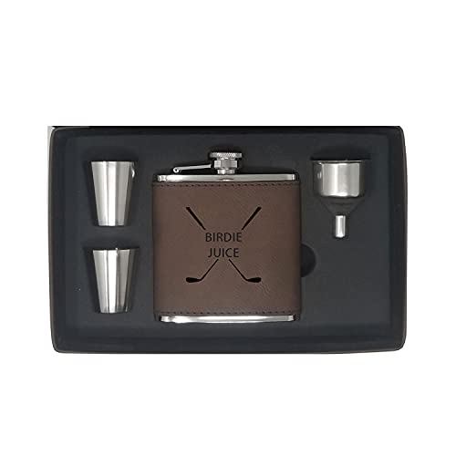 Birdie Juice Flask, Funnel, Shot Glasses, and Gift Box - Golfing Birdie Juice Hip Stainless Steel Leatherette Metal Matte 6-Ounce Golf Bag Flask (Dark Brown)