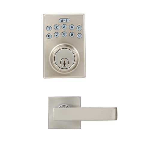 Amazon Basics Contemporary Electronic Keypad, Keyless Entry Door Lock Deadbolt with Handle Set, Key Pad Front Door with Knob, Contemporary Door Locks for Front Door, Door Handle, Satin Nickel, 1-Pack