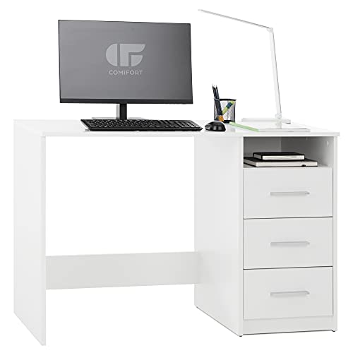 COMIFORT Bureau - Table de bureau avec 3 tiroirs et 1 espace ouvert pour le rangement. Conçu en Espagne. Pumar Bureau de travail ou pour l’ordinateur, finition mélaminé, couleur blanc Cover