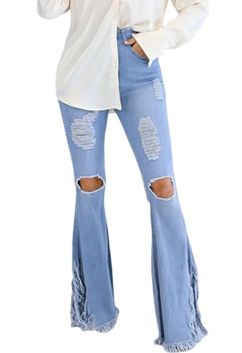 YouSexy Women's Flare Bell Bottom Jeans Knee Ripped Fitted Destroyed