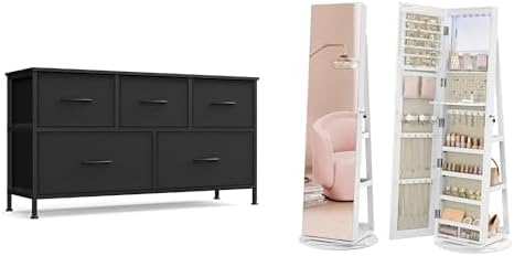 SONGMICS Dresser for Bedroom, 6 LEDs Lockable Mirror Jewelry Cabinet, ULGS322B01S and UJJC007W02V1