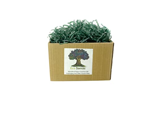 Image of Eco Sarras thin shredded paper crinkle paper grass strips gift tray decoration, gift hamper decorations, gift box fillers, wedding birthday & valentines day gift (1000 Grams / 1 KG, Forest Green)