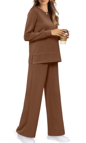 Image of WIHOLL Women's 2 Piece Lounge Sets Sweatshirt Casual Travel Outfits Fashion Wide Leg Tracksuit Cozy Sweatsuits