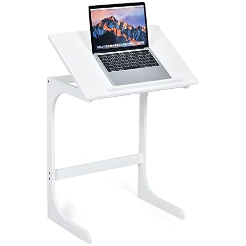 COSTWAY Beistelltisch C-Form, Laptoptisch mit 7 Winkel einstellbar & Abnehmbarer Holzleiste Cover