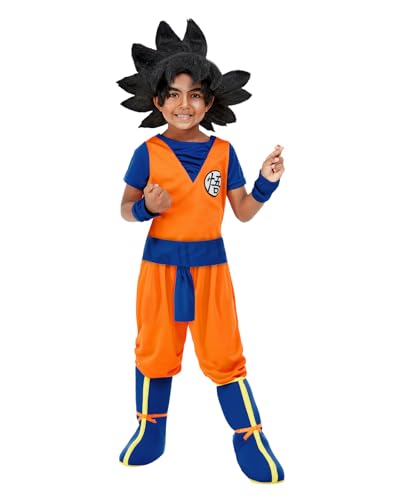 Funidelia Disfraz Oficial de Goku con peluca - Dragon Ball para niño, Incluye pantalón, camiseta, muñequeras, cinturón, cubrebotas y peluca. Traje para fiestas, Carnaval y Halloween, Talla 7-9 años