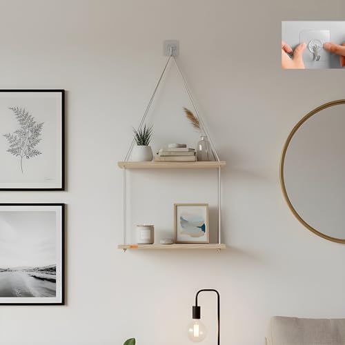 Image of 2 Tier Hanging Shelf | Wall Decor with Adhesive Wall Hooks | Rustic Wood Floating Shelves for Bedroom, Living Room, Kitchen - Boho Swing Plant Holder
