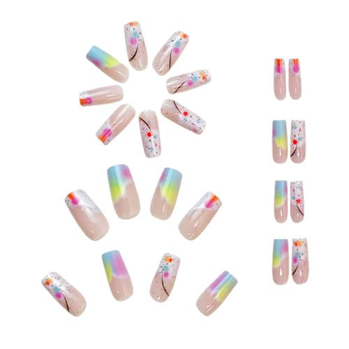 ミディアムスクエアプレスの爪、偽の爪の正方形 - ゼリーの接着剤付きのかわいいミディアムアクリルフェイクネイル,爪に固執するフルカバー、24ピース女性の女の子のためにセットされたカラフルなグラデーションの偽の爪