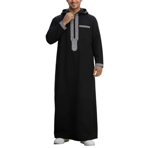 Camisa larga de caftán para hombre, cuello alto, túnica de manga larga, camisón Ramadán, batas taiji, vestidos musulmanes, vestido maxi étnico, caftán, jubba thobe, ropa de oración para hombres, Negro