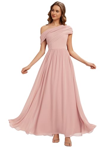 Ever-Pretty Robe Demoiselle d'honneur Une Épaule Chiffon Longue Fluide pour Mariage Soirée Rose 46