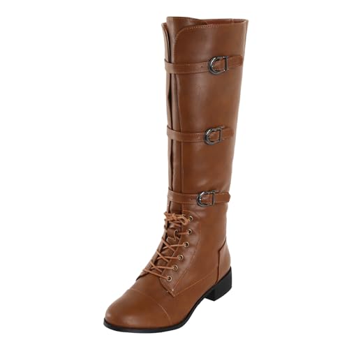 Men's Europe and The United States Round Head Large Size Square Heel Boots Lace Up Boots Belt Buckle Mens Boots Size (Brown, 10.5)
