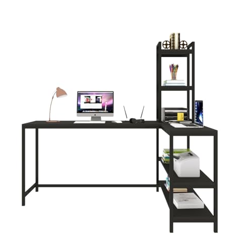 Image of Klaxon L Shaped Study Table for Students and Adults, Corner Computer Desk with Tower Shelf, Home Office and Gaming, Wood and Metal Frame, 162.5 x 112.5 cm, Full Black, DIY (English Black WOI)