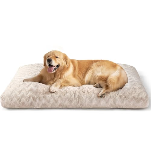 EHEYCIGA Hundebett Grosse Hunde Waschbar, 104x68cm, XL Hundekissen Flauschig für große Hunde, Kuschelig Umkehrbare Hundematte mit Kunstpelz und Kunstleinen, Beige