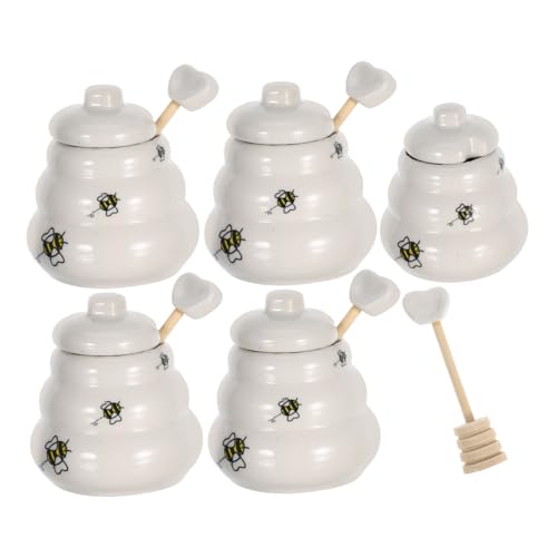 OKUMEYR 5Pcs Ceramic Honey Pot Jar Set with Dipper and Lid Creative Bee Design for Kitchen Storage Present for Birthdays and Weddings Honey Container Dispenser