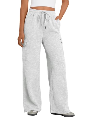 Trendy Queen Womens Cargo Sweatpants Wide Leg High Waisted Baggy Drawstring Sweat Pants 2024 Fall Clothes Casual Loose Active Flared Pants with Pockets Fashion Outfits Grey M