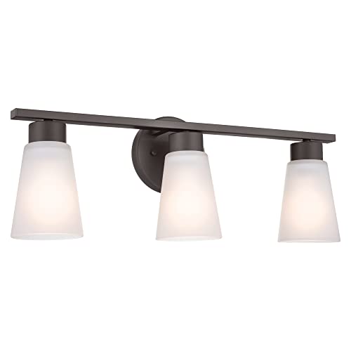 Image of Kichler Stamos 3-Light Bathroom Vanity Light Fixture with Satin Etched Glass Shades, 22 in Modern Wall Light in Olde Bronze for over Mirror (22 in x 5 in x 8 in), 45887NI