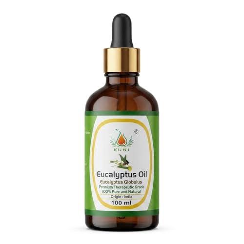 Image of KUNJ Eucalyptus Essential Oil 100ml - 100% Pure & Natural Steam Distilled Nilgiri Oil for Aromatherapy, Diffuser, Hair Care, Scalp Care, Spa, Home Fragrance & DIY Blends