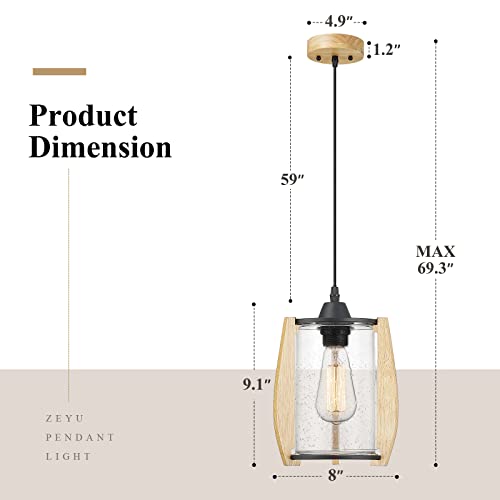 Image of zeyu Farmhouse Wood Pendant Light, 1-Light Rustic Wooden Hanging Light with Seeded Glass Shade, Black Finish, ZSL67MIL BK+WD