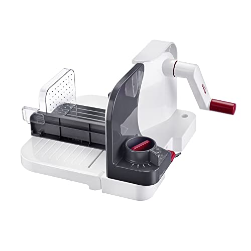 Westmark Allesschneider, Stufenlos einstellbare Schnittstärke, Sehr scharfes Rundmesser, Kunststoff/Edelstahl, Kompakt, Weiß/Anthrazit/Rot, 97012260