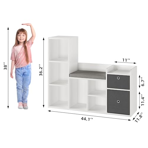 GarveeHome 44 Inch Kids Bookshelf and Toy Storage with Reading Nook & Seat Cushion, Toy Storage Organizer with 6 Cubby and 2 Extra Drawers, Kids Reading Nook for Playroom Kids Room