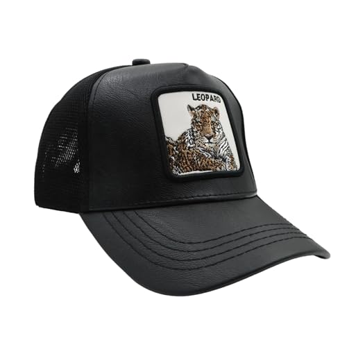 Image of kill off Leather Baseball Cap Panther Patch Cap Trucker for Men Snapback Mesh Animal Patch Hat Men's Black Djustable Baseball Hat Streetwear Fashion Hat